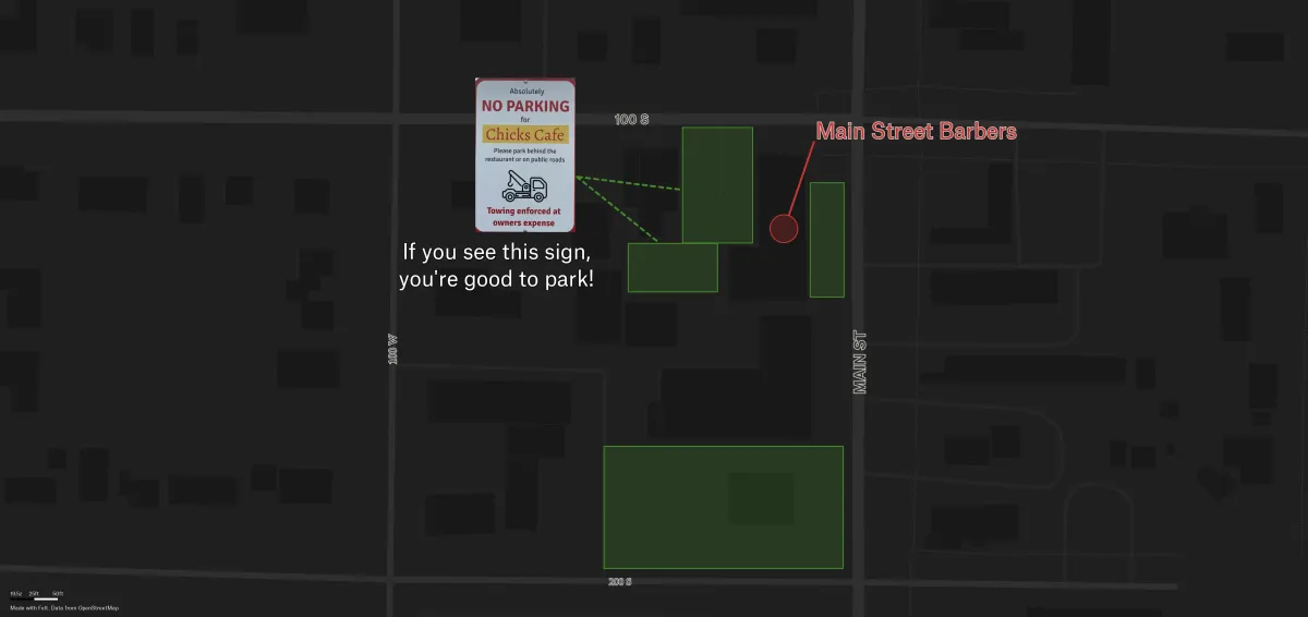 Map of downtown Heber City marking three parking zones for Main Street Barbers — west lot behind the building, south lot near the Pioneer Museum, and street parking out front along Main Street.