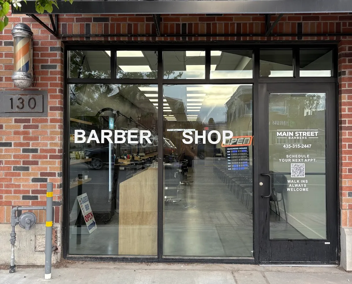 Storefront of Main Street Barbers on Main Street in Heber City.